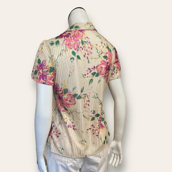 VTG Striped sheer yellow button up with purple floral prints size small - Picture 7 of 7